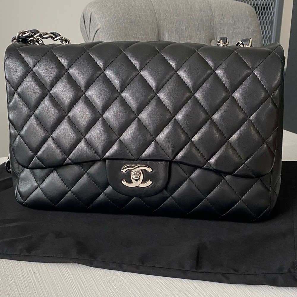 Chanel Black Jumbo Flap Lambskin Leather Silver Hardware Bag Full Set New in Box - Picture 4 of 16